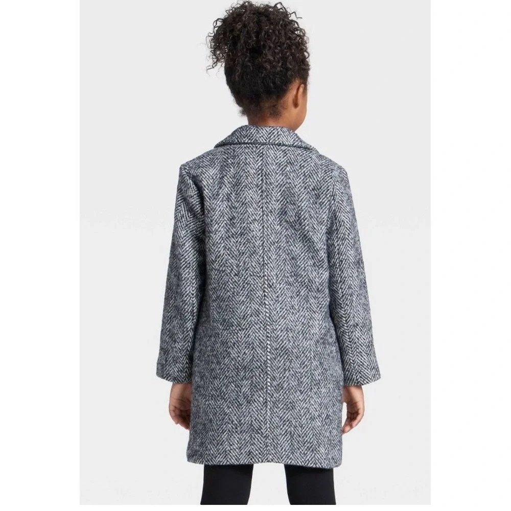 Cat & Jack Kids black/white Herringbone Faux Wool Coat Jacket Med 7-8 Longline